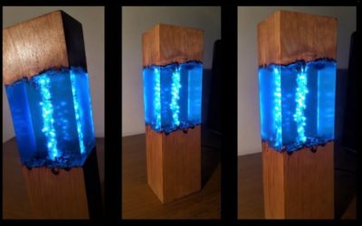 Ночник синего цвета из смолы и дерева